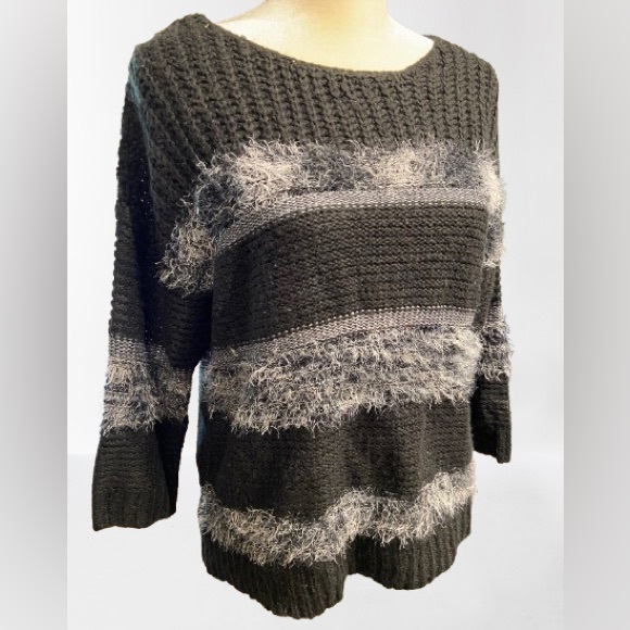 Black Sweater w Grey Eyelash Stripes, Waist Length, Love By Design, Like-New - Picture 3 of 8